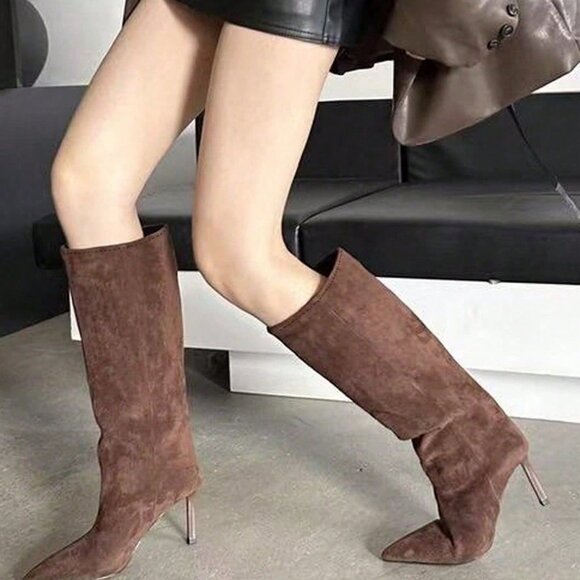 Brown Elegant Women's Pointed Toe High Heel Boots - Picture 3 of 5